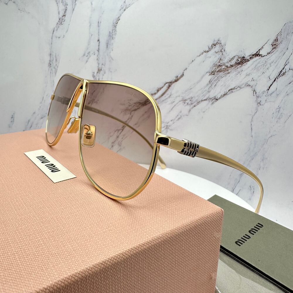 New MIU MIU Sunglasses Seen on Bad Bunny MUA56S 5AK90L Gold Metal Aviator - Picture 9 of 16